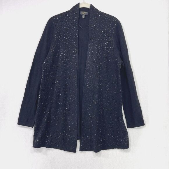 Charter Club Luxury Cardigan Women L Black 100% Cashmere Sequins Long Open Soft - Picture 1 of 11